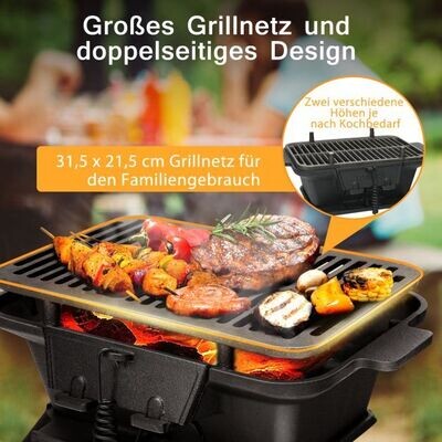 Holzkohlegrill tragbarer gusseiserner Barbecue-Grill BBQ Minigrill Tischgrill für Picknick 40x27x18cm Schwarz