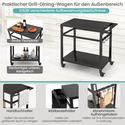 Grillwagen, Servierwagen für den Aussenbereich mit zwei Regalen, Rädern & Seitengriff Schwarz