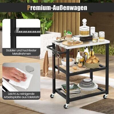 3-stufiger Outdoor-Grillwagen, Servierwagen mit 3 Haken & Edelstahlplatte & -griff Mehrzweckwagen