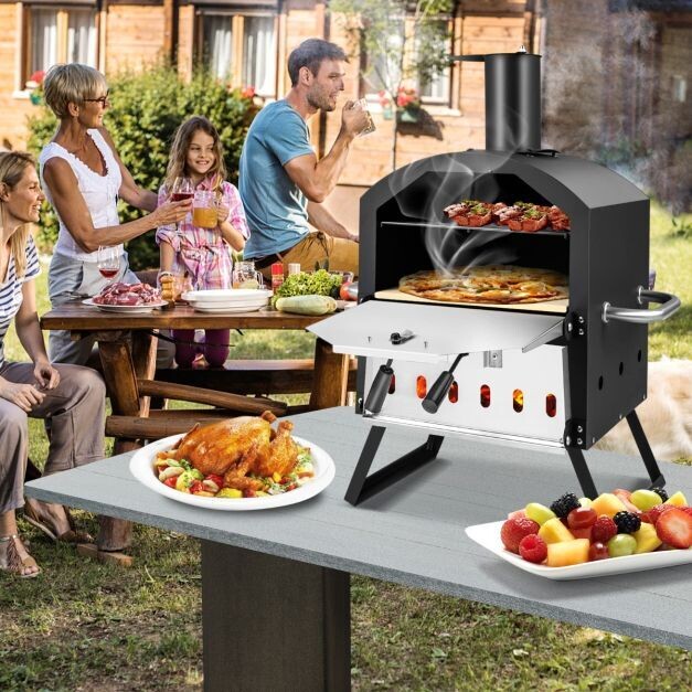 2-lagigem Pizza Ofen mit Grillrost &amp; Pizzastein &amp; Pizzaschaufel &amp; Wasserdichter Abdeckung