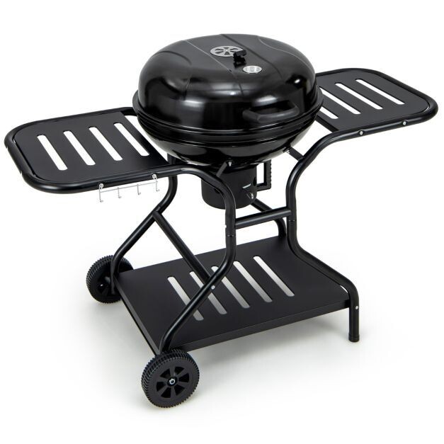 φ57cm Holzkohlegrill mit Deckel &amp; grossem Aschefänger &amp; Seitenablagen &amp; Haken &amp; Rädern Schwarz