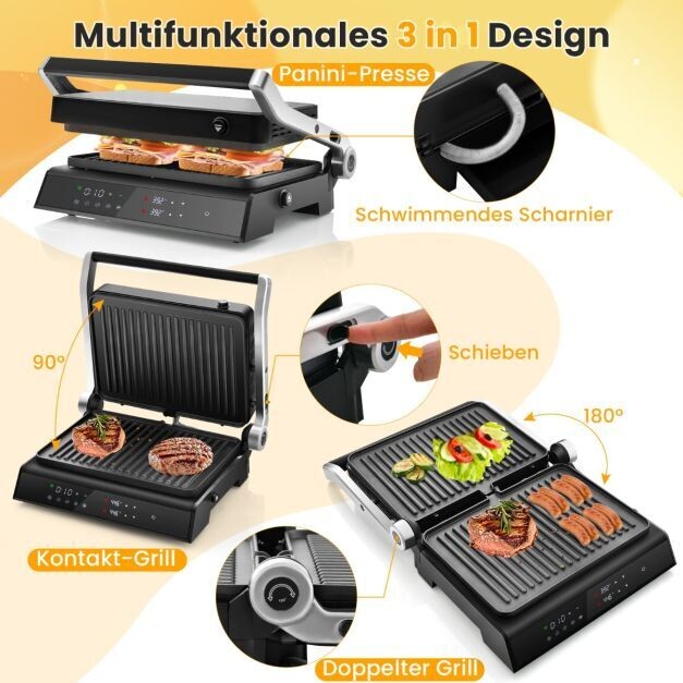 1200W Kontaktgrill mit LED-Anzeige & 4-Stunden-Timer & 2 Abnehmbare Grillplatten Elektrogrill