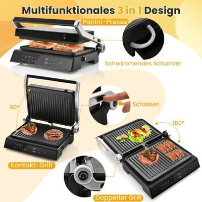 1200W Kontaktgrill mit LED-Anzeige & 4-Stunden-Timer & 2 Abnehmbare Grillplatten Elektrogrill