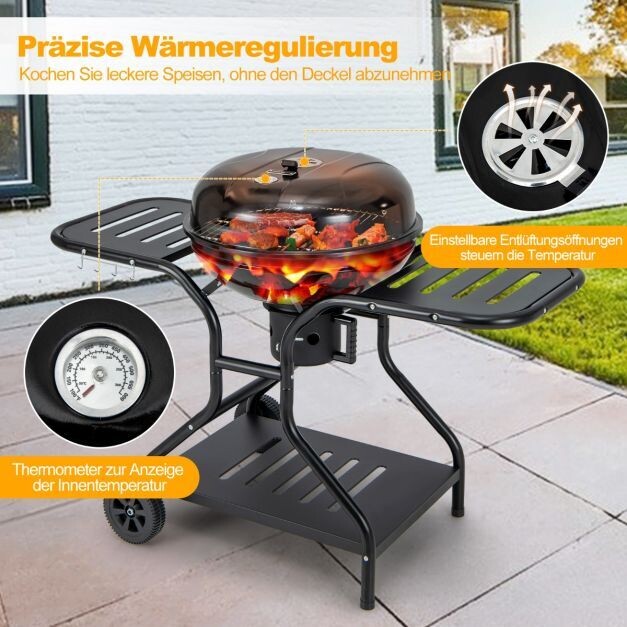 φ57cm Holzkohlegrill mit Deckel & grossem Aschefänger & Seitenablagen & Haken & Rädern Schwarz