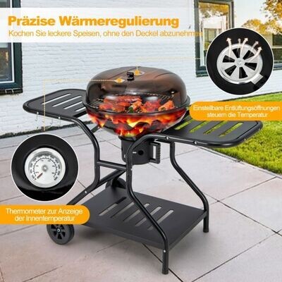 φ57cm Holzkohlegrill mit Deckel & grossem Aschefänger & Seitenablagen & Haken & Rädern Schwarz
