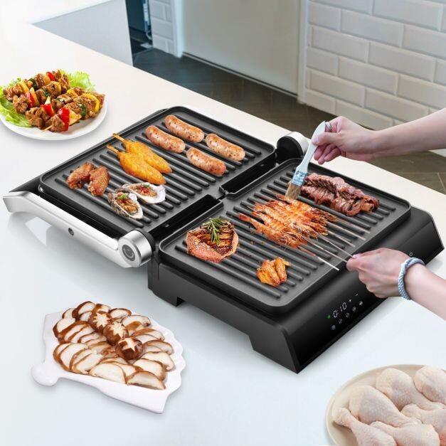 1200W Kontaktgrill mit LED-Anzeige &amp; 4-Stunden-Timer &amp; 2 Abnehmbare Grillplatten Elektrogrill