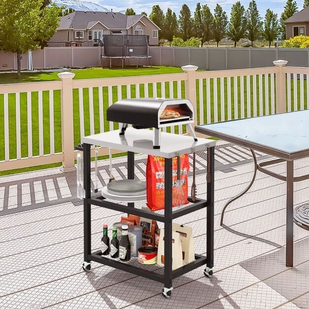 3-stufiger Outdoor-Grillwagen, Servierwagen mit 3 Haken &amp; Edelstahlplatte &amp; -griff Mehrzweckwagen