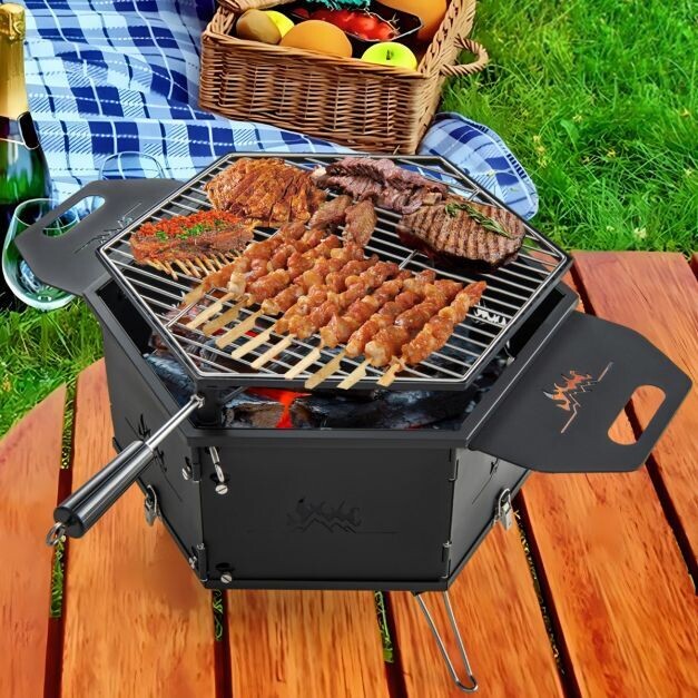 3-in-1 Holzkohlegrill mit 360° drehbarem Grill Klappgrill Campinggrill mit Griffen 77 x 74 x 38 cm