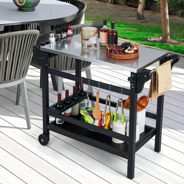 Grillwagen aus HDPE mit Gewürztablett &amp; Weinflaschenregal &amp; Griff &amp; 2 Rollen Grilltisch
