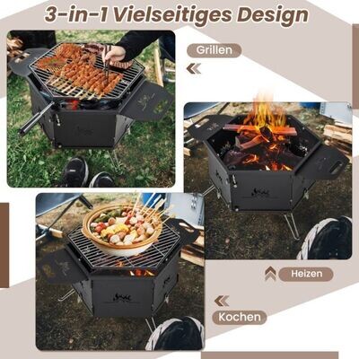 3-in-1 Holzkohlegrill mit 360° drehbarem Grill Klappgrill Campinggrill mit Griffen 77 x 74 x 38 cm