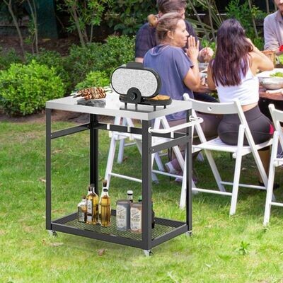 2-stöckiger Grillwagen, Servierwagen, aus Edelstahl mit Rädern & Griff & Haken