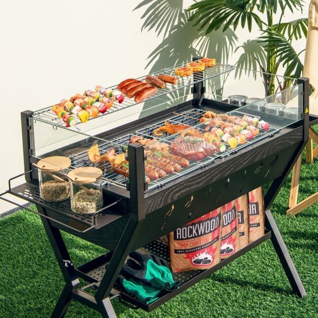 Holzkohlegrill mit Windschutz Würzregalen &amp; Ablage Campinggrill Grillfläche aus Edelstahl 98 x 42 x 68 cm Braun