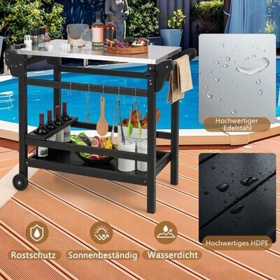 Grillwagen aus HDPE mit Gewürztablett & Weinflaschenregal & Griff & 2 Rollen Grilltisch