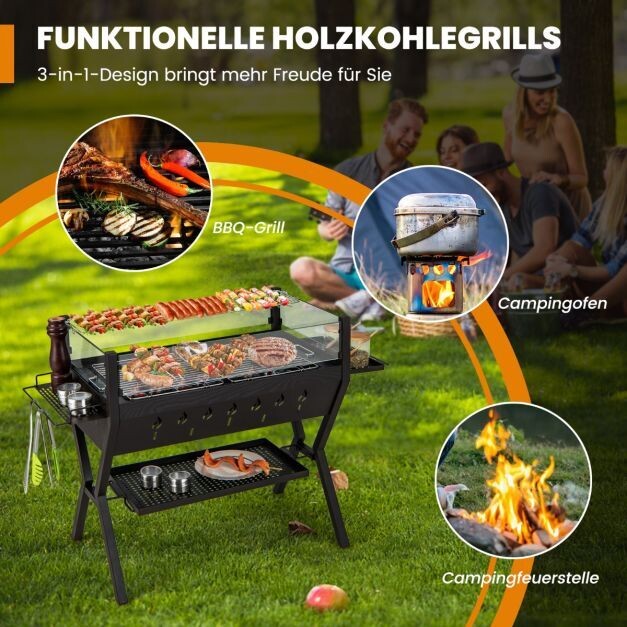 Holzkohlegrill mit Windschutz Würzregalen & Ablage Campinggrill Grillfläche aus Edelstahl 98 x 42 x 68 cm Braun