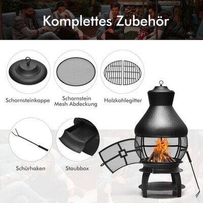 Terrassenofen aus Metall mit Funkenfluggitter & Schürhaken Terrassenkamin Feuerstelle