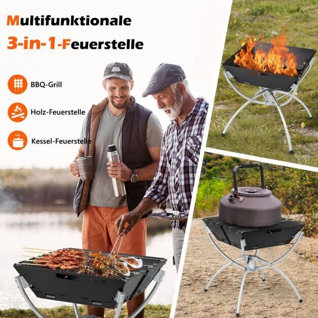 Campinggrill, 3-in-1-Feuerstelle für Brennholz und Holzkohle mit Edelstahlgrillrosten