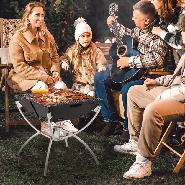 Campinggrill, 3-in-1-Feuerstelle für Brennholz und Holzkohle mit Edelstahlgrillrosten