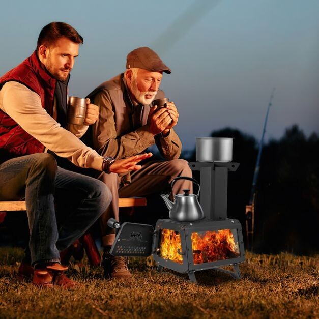 Raketenofen Outdoor 2 Kochflächen mit Alpenmotiv 28,5 x 20 x 37 cm Schwarz