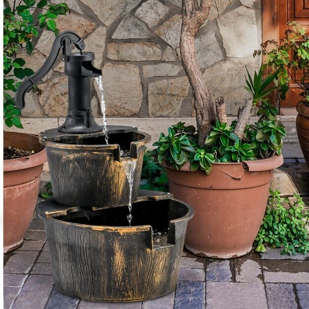 Gartenbrunnen mit Wasserpumpe Rustikaler Kaskadenwasserbrunnen 45,5 x 41 x 68 cm