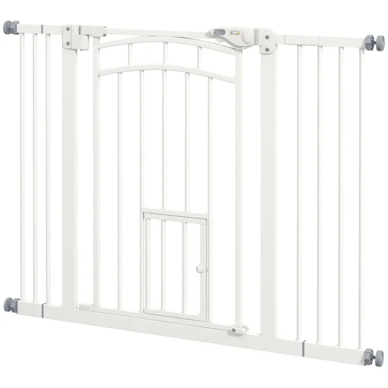 Treppenschutzgitter Hundeschutzgitter, mit Katzenklappe, Einhandbedienung, 100 cm x 4 cm x 76 cm, Weiss