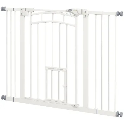 Treppenschutzgitter Hundeschutzgitter, mit Katzenklappe, Einhandbedienung, 100 cm x 4 cm x 76 cm, Weiss