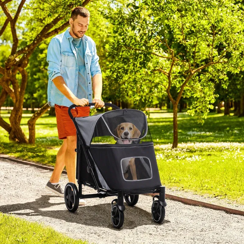 Hundewagen Hundebuggy bis 30kg faltbar verstellbares Vordach Aufbewahrungskorb 112 cm x 65 cm x 100 cm, Grau