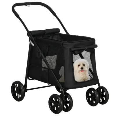 Hundetrolley, Hundebuggy klappbar – Kissen, 3 Taschen, Schwarz