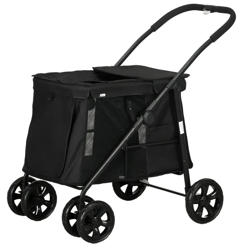 Hundetrolley, Hundebuggy inkl. Kissen, 3 Seitentaschen, klappbar, Hundewagen, 102 cm x 62 cm x 105 cm, Schwarz
