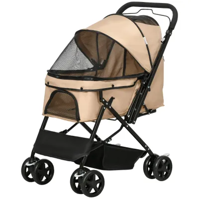 Pet Stroller Hundebuggy klappbar, 1 Korb, 2 Bremsen, inkl. Sicherheitsleine, Hellbraun