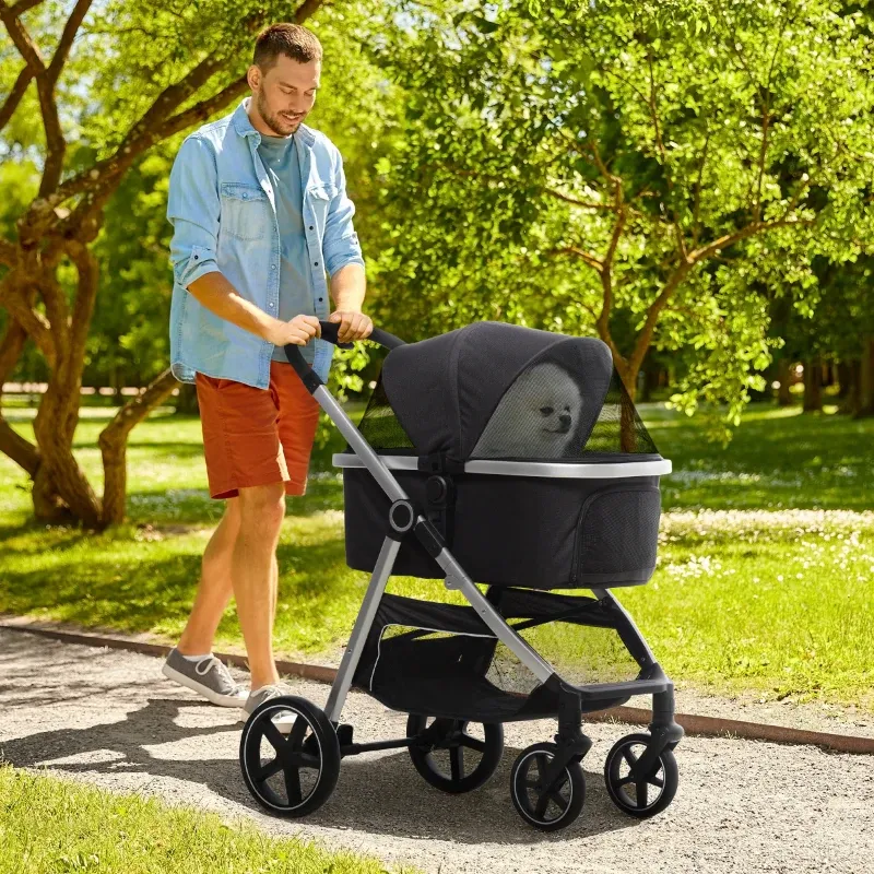 2-IN-1 Hundebuggy Haustierbuggy Hundebuggy, inkl. Kissen,  Aufbewahrungskorb, Schwarz