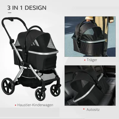 Hundewagen Hundebuggy, klappbar, 2 Sicherheitsleinen, Regenverdeck,  Schwarz