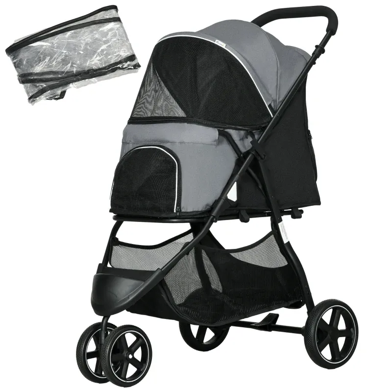 Hundebuggy Haustierwagen, klappbar, Regenschutz, Grau + Schwarz