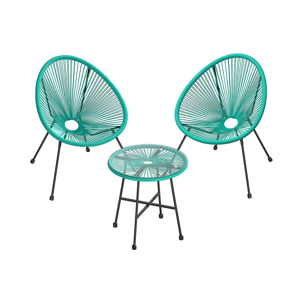 3er Set Balkonmöbel, 1 Tisch, 2 Stühle, türkisblau