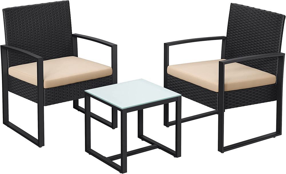 Rattan Gartenset, Balkonmöbel-Set, Lounge-Set, Tisch und 2 Stühle, Schwarz-Beige