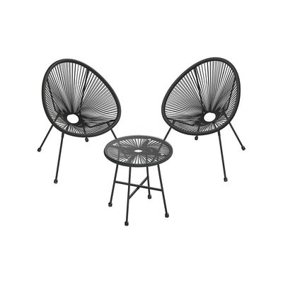 3er Set Balkonmöbel, 1 Tisch, 2 Stühle, Schwarz