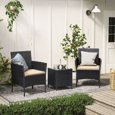 Rattan Gartenmöbel-Set mit Tisch und 2 Stühlen, schwarz-taupe