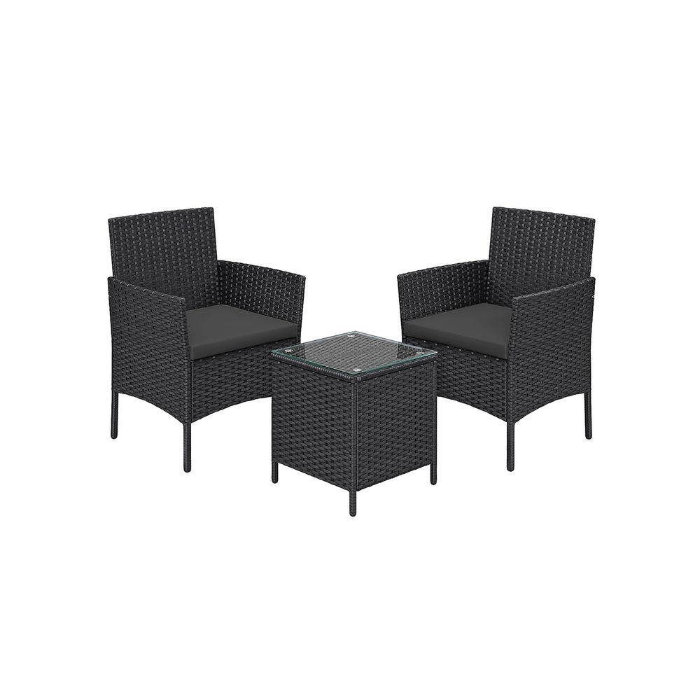 Rattan Gartenmöbel-Set mit Tisch und 2 Stühlen, schwarz-grau