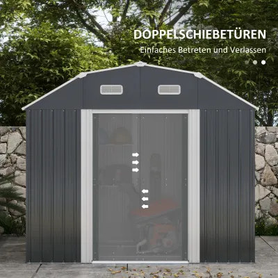 Gartenhaus Geräteschuppen Gartenschuppen, wetterbeständig, 2 Fenster, 2 Türen, 238 x 132 x 198,5 cm, Dunkelgrau