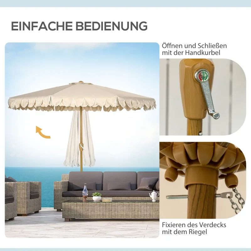 Sonnenschirm, mit Fransen, neigbar, mit Handkurbel, Stahl+Polyester, khaki, Ø264 x 240 cm