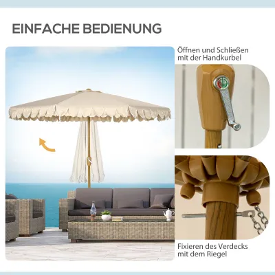 Sonnenschirm, mit Fransen, neigbar, mit Handkurbel, Stahl+Polyester, khaki, Ø264 x 240 cm