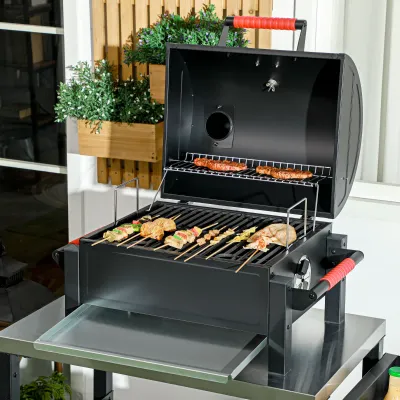 Kohlegrill mit Deckel, Warmhalterost, Aschefach, Thermometer, rostfrei, 68,5x50x54cm, Schwarz/Rot