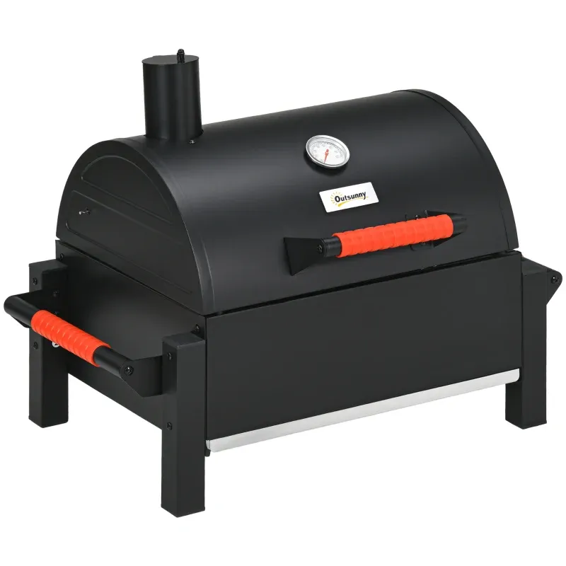 Kohlegrill mit Deckel, Warmhalterost, Aschefach, Thermometer, rostfrei, 68,5x50x54cm, Schwarz/Rot