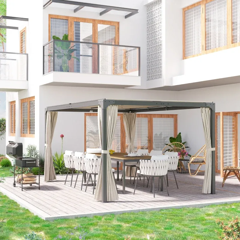 Pergola, Pavillon, 4 Vorhänge, 1 ausziehbares Dach, Sonnenschutz, Beige 4,2 X 2,95 m