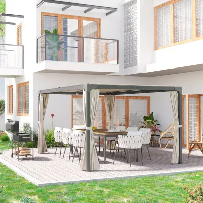 Pergola, Pavillon, 4 Vorhänge, 1 ausziehbares Dach, Sonnenschutz, Beige 4,2 X 2,95 m