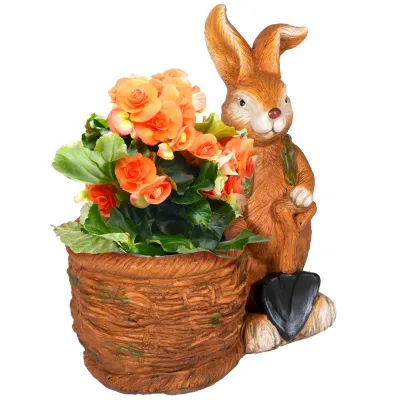 Blumentopf, Hase mit Weidenkorb, wetterfest, 45x27x50cm, Braun