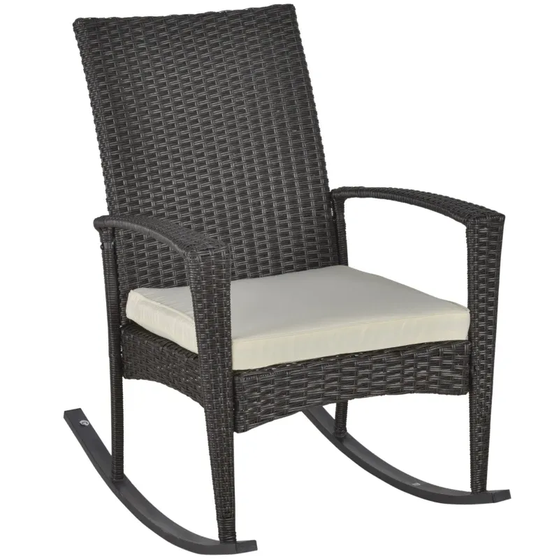 Rattan-Schaukelstuhl Schwingsessel Gartenstuhl mit Kissen , Polyrattan+Metall, Schwarz+Creme, 66 x 88 x 98 cm