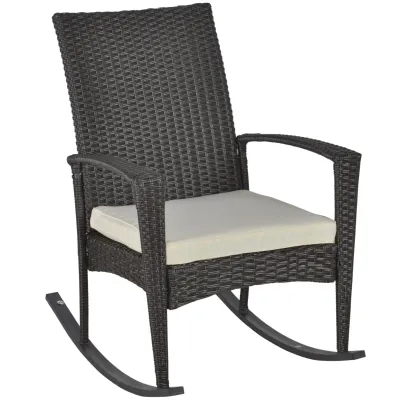 Rattan-Schaukelstuhl Schwingsessel Gartenstuhl mit Kissen , Polyrattan+Metall, Schwarz+Creme, 66 x 88 x 98 cm
