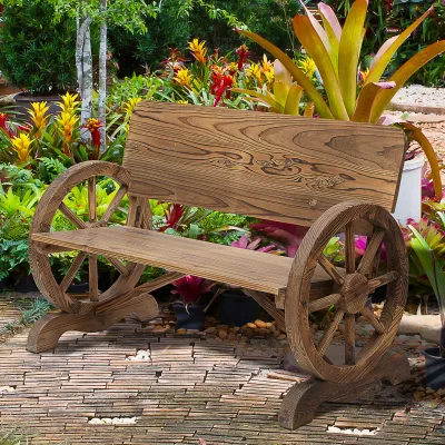 Gartenbank mit Armlehne, Sitzbank mit Wagenräder-Design, Massivholz, Braun, 114 x 58 x 80 cm