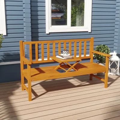 Gartenbank Holzbank Outdoor-Bank, ausklappbarer Tisch, wetterbeständig, Massivholz, 153 cm x 56 cm x 91 cm, Hellbraun