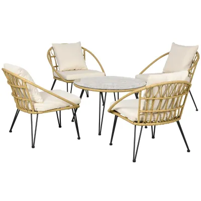 5-teilige Gartensitzgruppe, Boho-Stil, 1 Esstisch &amp; 4 Stühle, Auflagen, Polyrattan, Beige/Natur